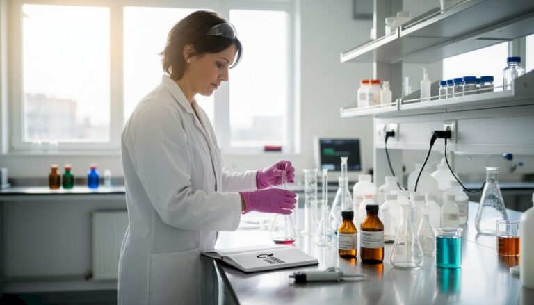 Technician handling reagents in realistic lab workspace