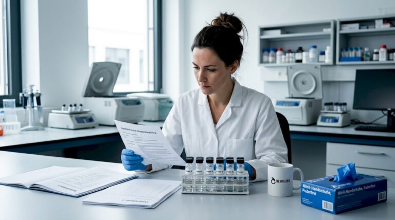Ein Labormitarbeiter überprüft die Arbeitsanweisung und kontrolliert die Proben.