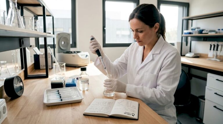 Un technicien s’affaire à préparer une dilution de peptides dans un laboratoire clinique.