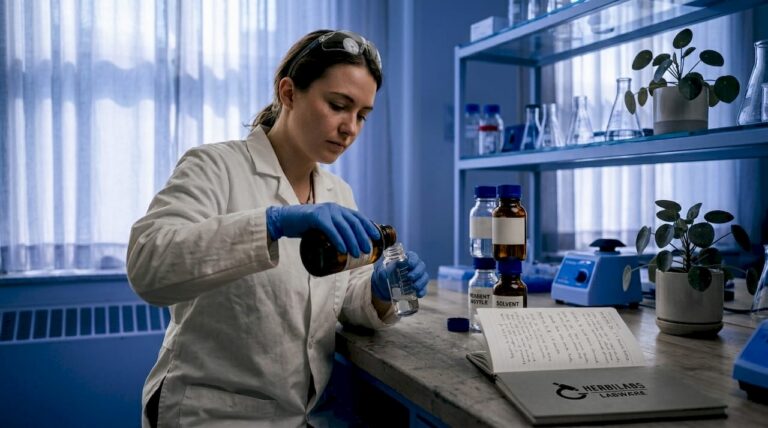 Lab technician prepares solution with preservatives