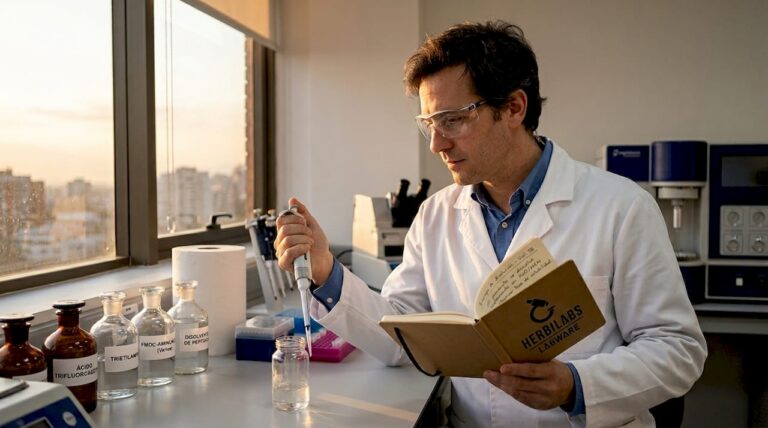 Un investigador manipula soluciones diluyentes en un laboratorio especializado en péptidos.