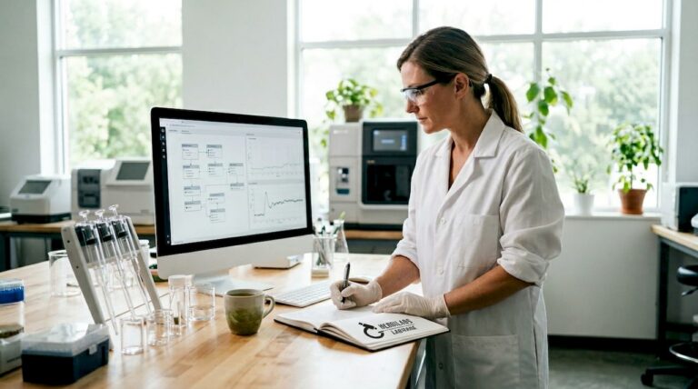 Lab manager reviewing AI-driven workflow in lab