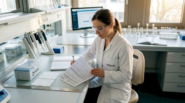 Eine Laborassistentin überprüft am Arbeitsplatz das ausgefüllte Peptid-Bestellformular.