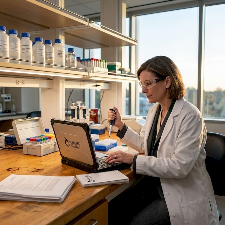 Un chercheur saisit des données sur son poste de travail au laboratoire.