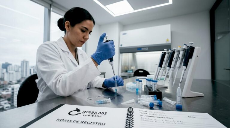 Técnica realizando la preparación de diluciones en un laboratorio