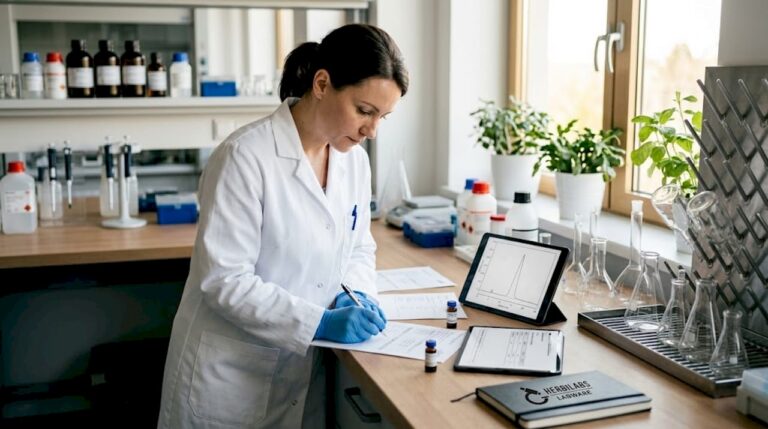 Scientist reviewing UK peptide lab paperwork