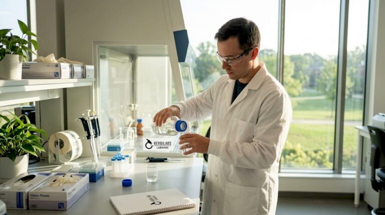 Especialista de laboratorio elaborando una solución bajo condiciones estériles.