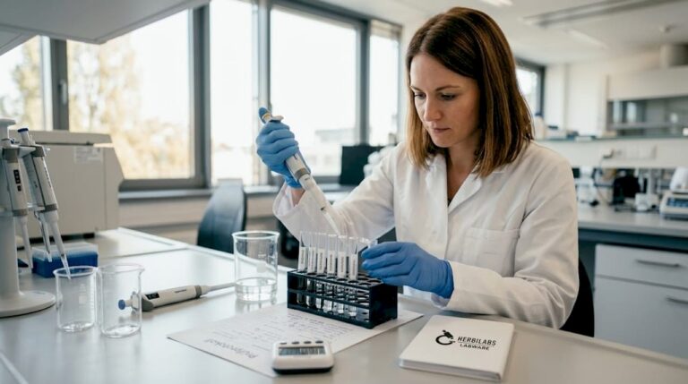 Eine Laborantin arbeitet mit einer Pipette an einem etwas unaufgeräumten Labortisch.