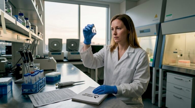 Dans un laboratoire, un chercheur examine attentivement un flacon destiné à une injection.