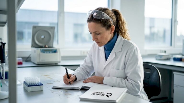 Im Chemielabor dokumentiert ein Techniker sorgfältig seine Arbeit in einem Laborjournal.