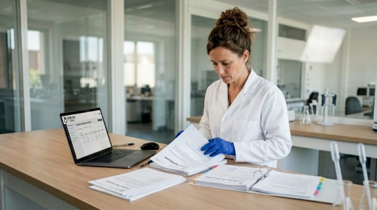 Un technicien de laboratoire s'assure que les documents de conformité sont bien respectés et vérifiés.