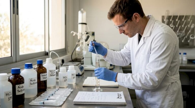 Un técnico elabora una mezcla en un laboratorio esterilizado.