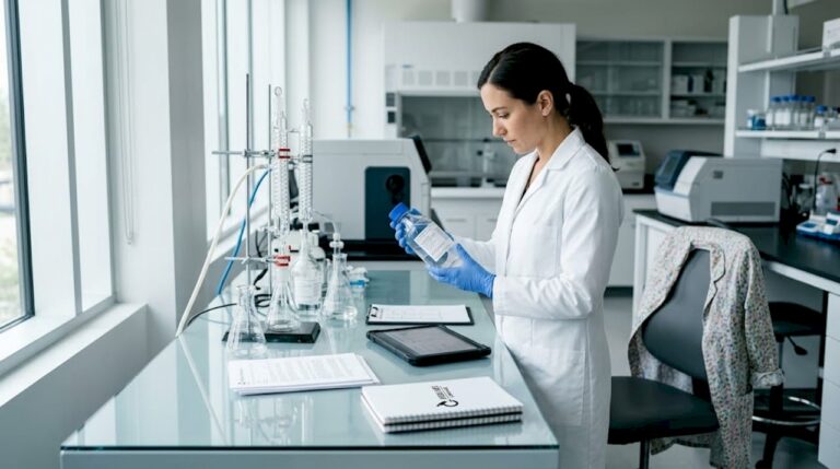 Lab technician checks solvent label and certificate