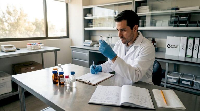 Un técnico de laboratorio revisa la lista de reactivos químicos antes de comenzar el análisis.