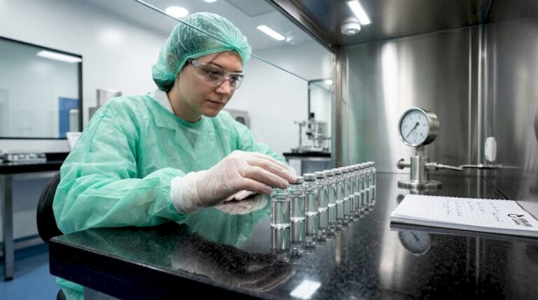 Lab technician inspecting sterile vials in cleanroom
