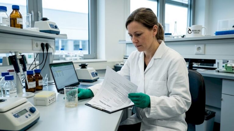 Eine Wissenschaftlerin prüft am Labortisch die Unterlagen zu den verwendeten Reagenzien.