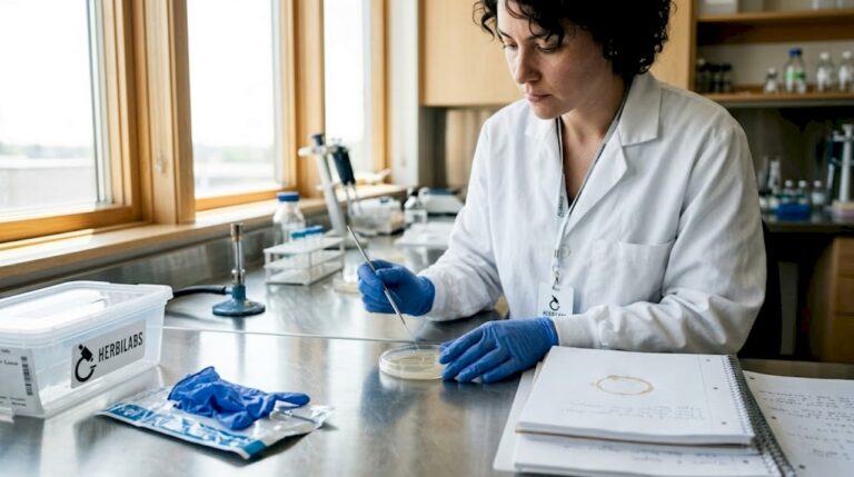 Lab technician performing sterile technique at bench