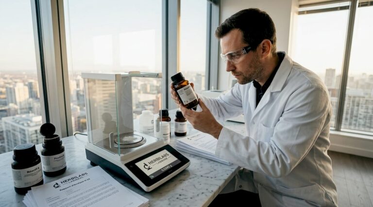 Un chimiste observe attentivement un flacon de réactif sur sa paillasse au laboratoire.