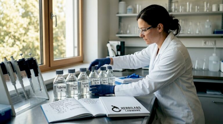 Ein Laborant arbeitet mit verschiedenen Flaschen biochemischer Reagenzien.