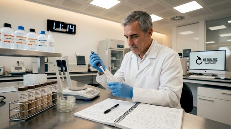 Un inspector realiza una revisión de las muestras en el laboratorio de alimentos.