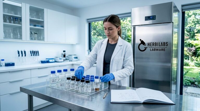 Lab technician handling reagent storage in refrigerator