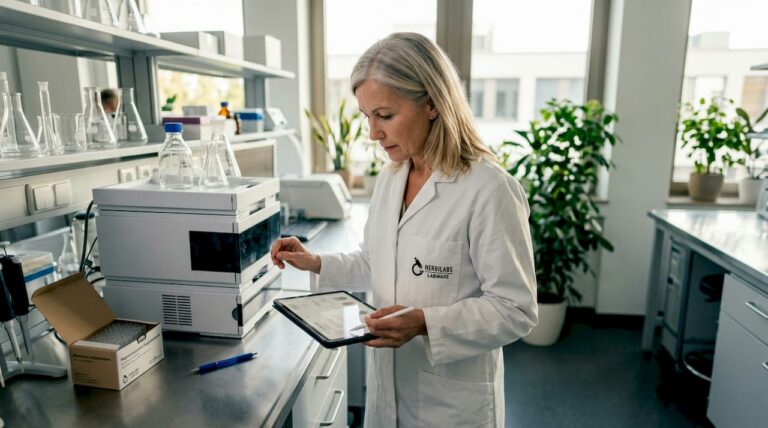 Die Laborleiterin kontrolliert neben dem Gerät die Lieferpapiere.