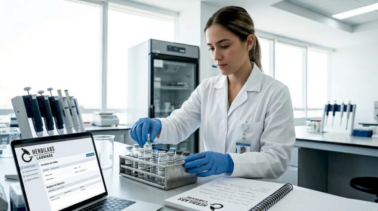 Técnico de laboratorio organizando viales en una estantería del laboratorio.