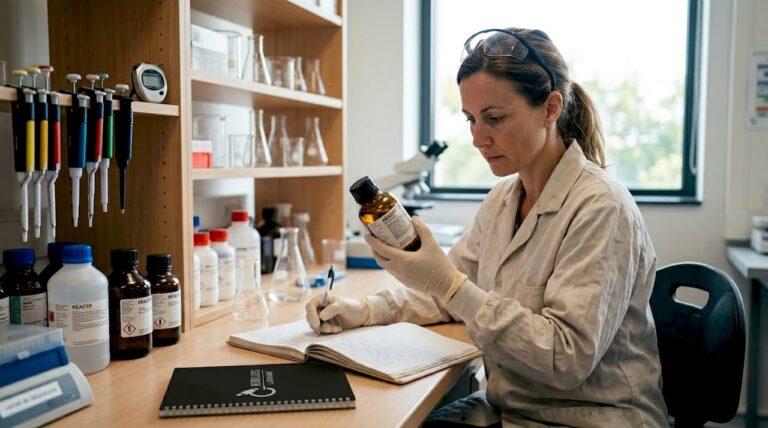 Un chercheur contrôle un réactif au milieu de l’effervescence d’un laboratoire.
