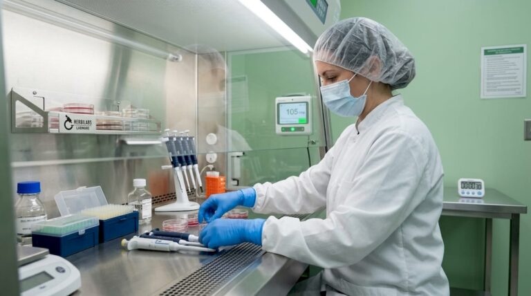Technician working with sterile lab equipment inside biosafety cabinet