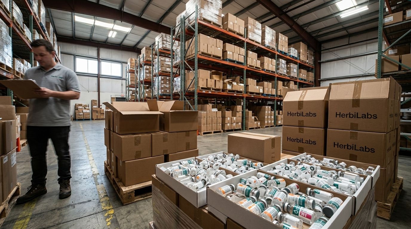 HerbiLabs wholesale warehouse worker reviewing clipboard next to pallets of branded shipping boxes and vials ready for dispatch