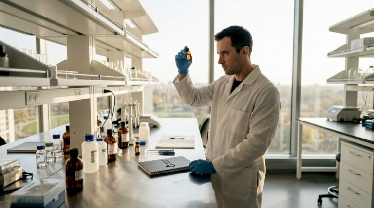 Técnico de laboratorio revisando reactivos químicos
