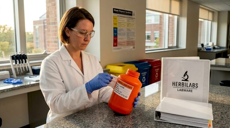Researcher labeling chemical waste containers in lab