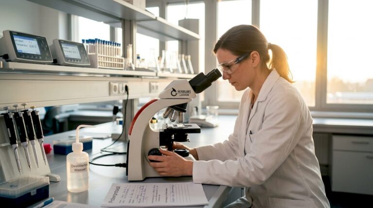 Eine Wissenschaftlerin untersucht im Forschungslabor Proben unter dem Mikroskop.