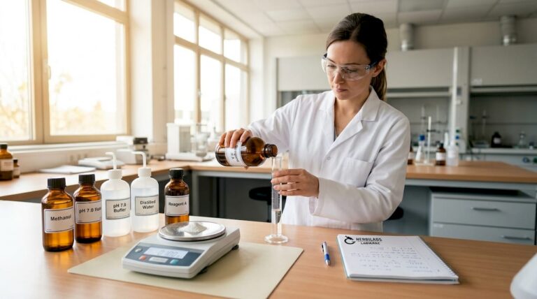 Scientist pouring lab reagent in laboratory