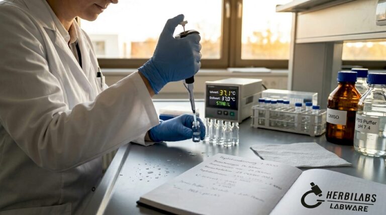Eine Wissenschaftlerin bereitet im Labor verschiedene Peptidlösungen vor.
