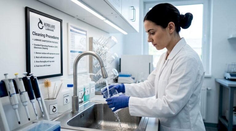 Lab technician rinsing glass beaker in laboratory sink