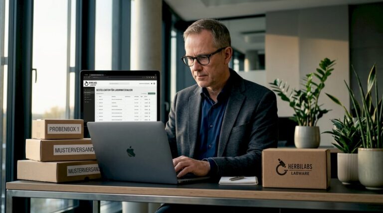 Ein Labor-Einkaufsleiter nutzt seinen Laptop, um Laborbedarf bequem online zu bestellen.