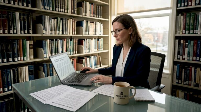 Academic researcher in university office reviewing regulations