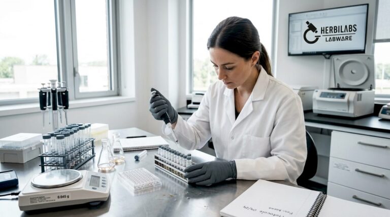 Un chercheur en plein travail de préparation d’échantillons pharmaceutiques dans son laboratoire.