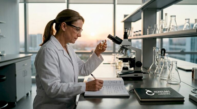 Científico revisando y registrando muestras en la mesa de trabajo del laboratorio.