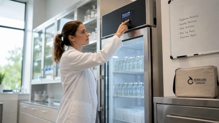 Lab technician adjusting refrigerator temperature settings
