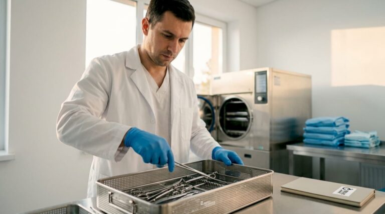 Eine Fachkraft bereitet medizinische Instrumente für die Sterilisation vor.
