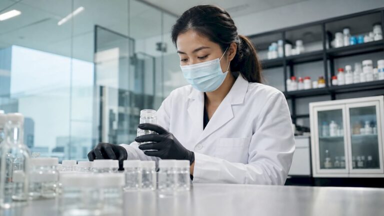 Profesional de laboratorio biomédico realizando la inspección de material estéril para garantizar su correcta conservación y uso.