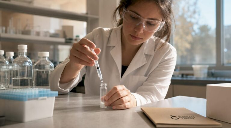 Scientist reconstituting a peptide vial in lab