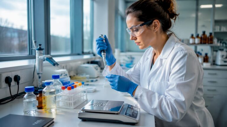 Eine Wissenschaftlerin bereitet im Labor verschiedene Reagenzien für ihre Forschung vor.