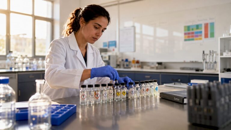 Lab technician inspecting chemical labels