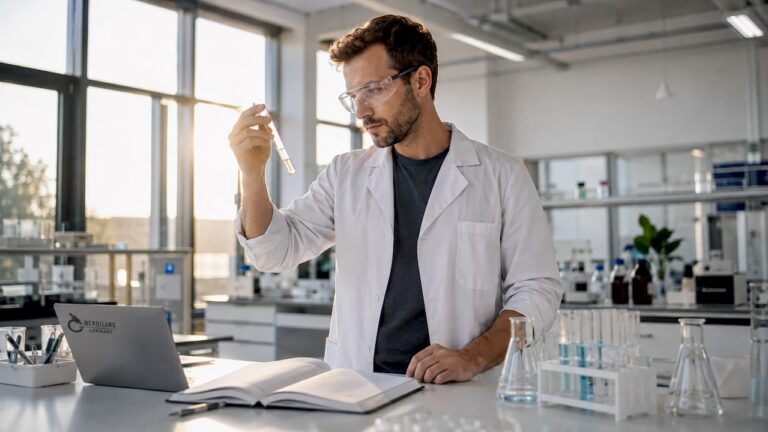 Im Labor untersucht ein Wissenschaftler verschiedene Materialien auf ihre Eigenschaften.