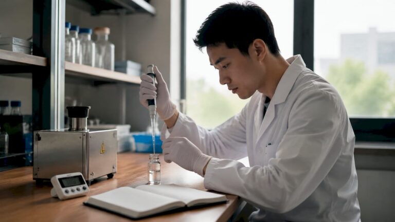 Pharmacien en train de préparer une solution injectable stérile