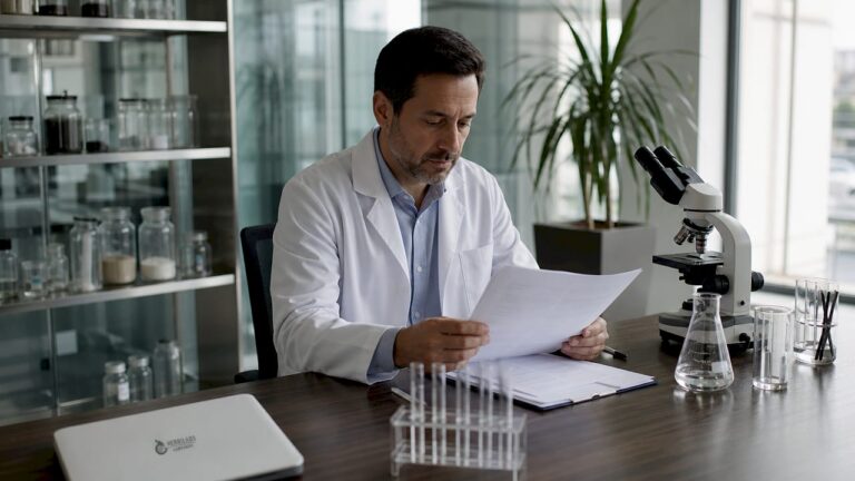 Especialista en química revisando la normativa vigente dentro del laboratorio