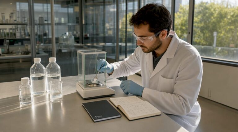 Especialista de laboratorio realizando el pesaje preciso de un reactivo utilizando una balanza analítica.